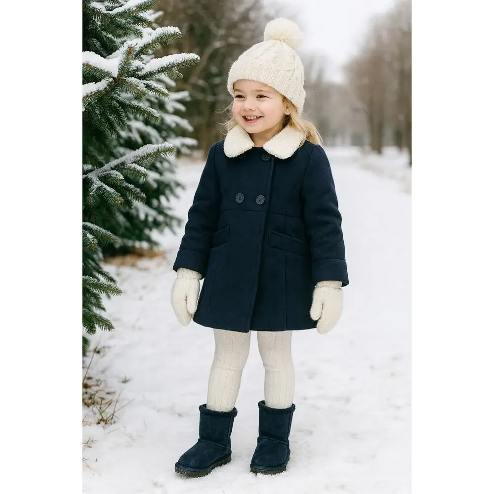 OshKosh B’Gosh Girls Navy Double Breasted Faux Wool Coat Shearling Collar 6 / 6X